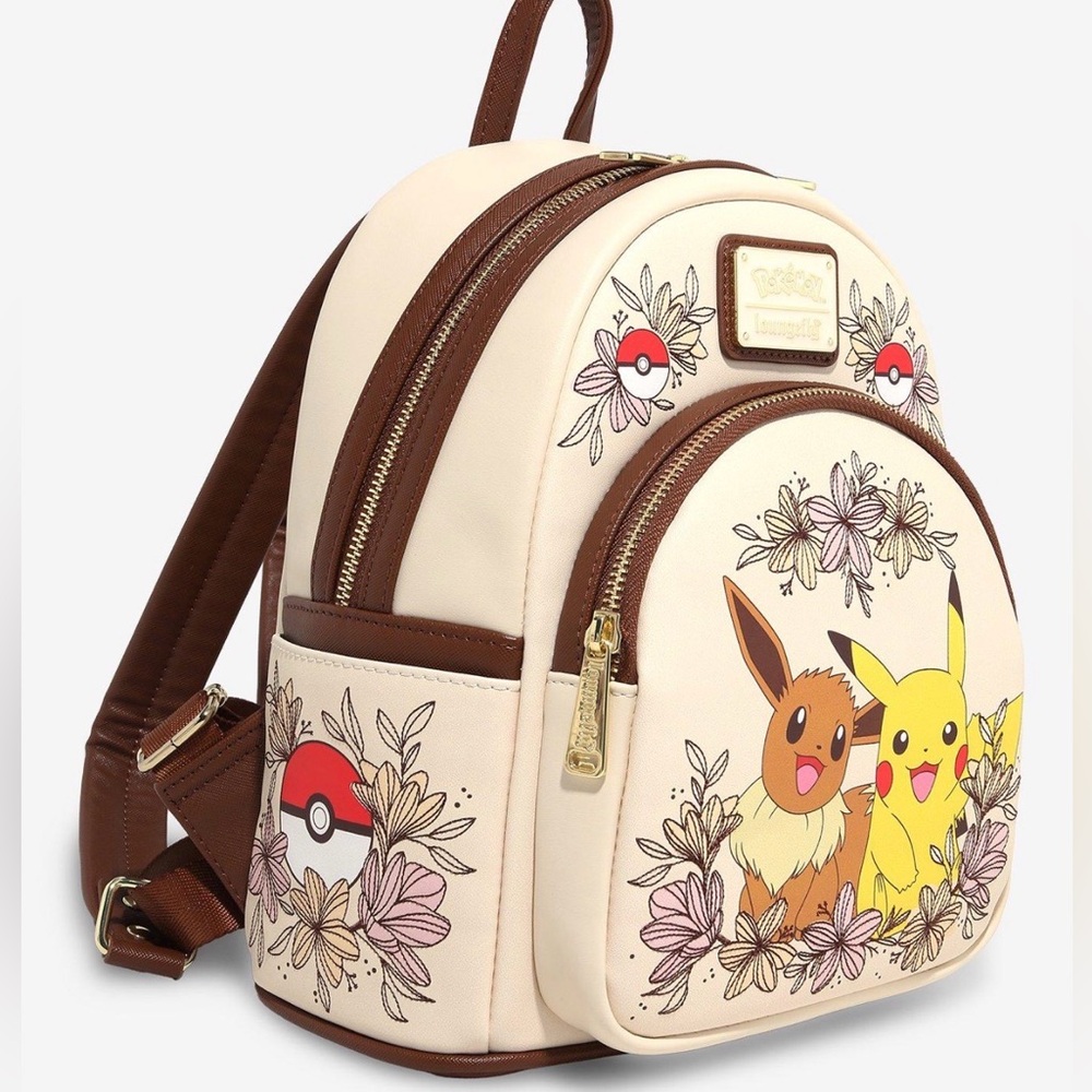 New Loungefly Pokemon Pikachu & Eevee Floral Mini Backpack - Picture 2 of 5